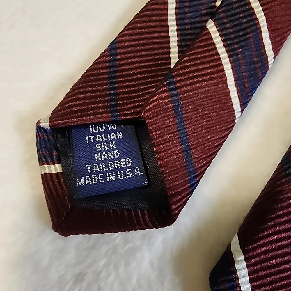 Paul Fredrick Rep Tie Men Classic Burgundy Navy Stripe Italian Silk Made In USA
